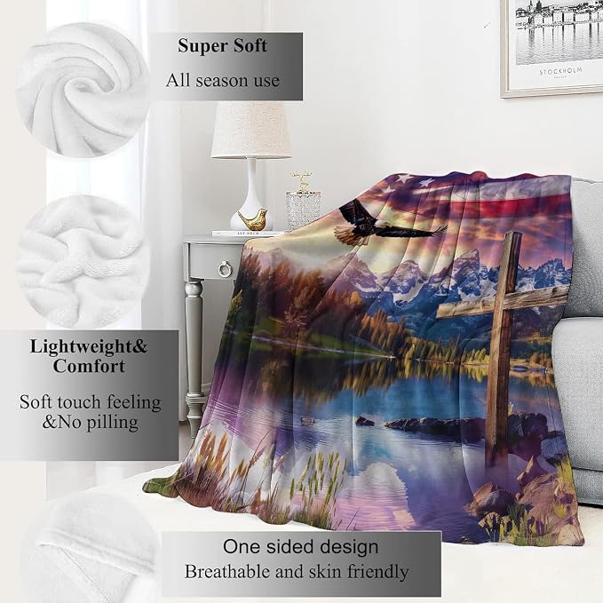 Spirit of Freedom Majestic Eagle Blanket,American Flag Cross Patriotic Throw Blankets,Gifts for Adults,Lightweight Soft Fleece,for Sofa Couch Bed Room Travel,Birthday Christian Decor,40x50in