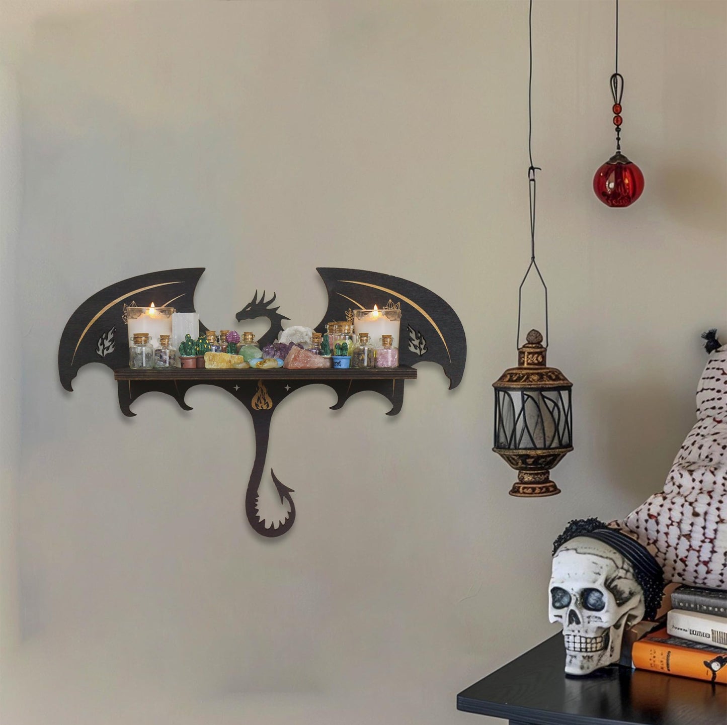 FNYDOX Gothic Evil Dragon Decor Crystal Display Shelf for Wall, Wooden Witchy Shelf Rock Display Case Knick Knack Organizer Trinket Holder, Wall Hanging Shelves for Essential Oil & Nail Polish