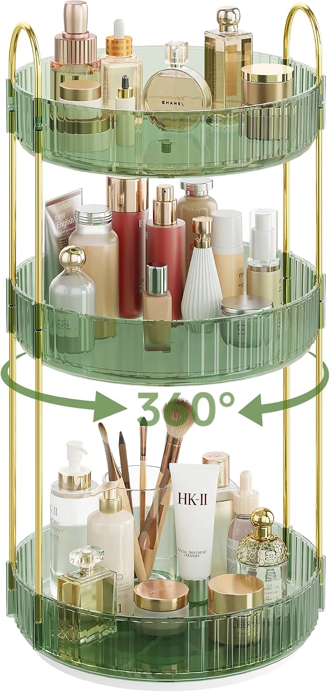 Rotating Makeup Organizer Countertop,Skincare Organizers,Spinning Perfume Tray Stand,Makeup Storage Organizer for Vanity,Bathroom Organizer and Storage,Lazy Susan,3 Tier,Green