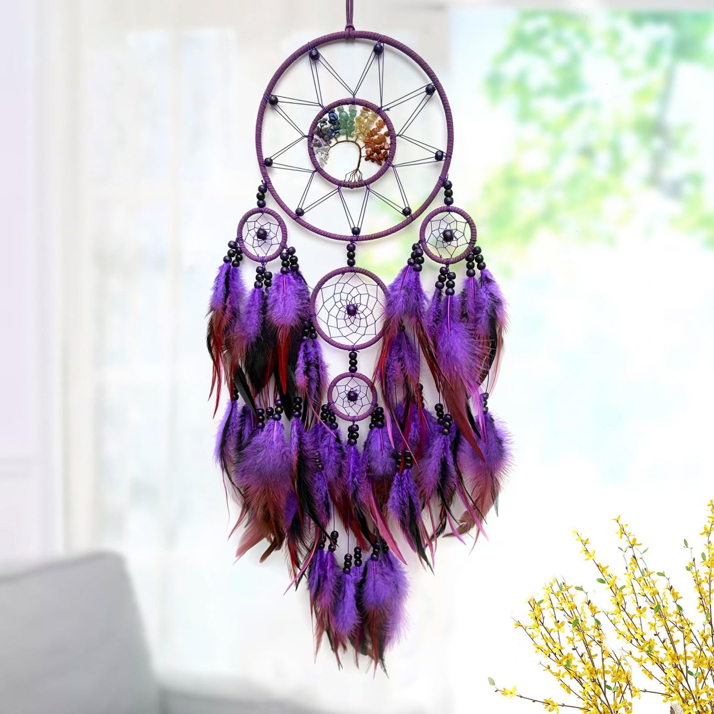 RAGKUU Purple Large Dream Catcher Wall Decor Crystal Tree of Life Dream Catchers Handmade Feather Dreamcatcher Wall Hanging Ornament for Bedroom Living Room Home Decor