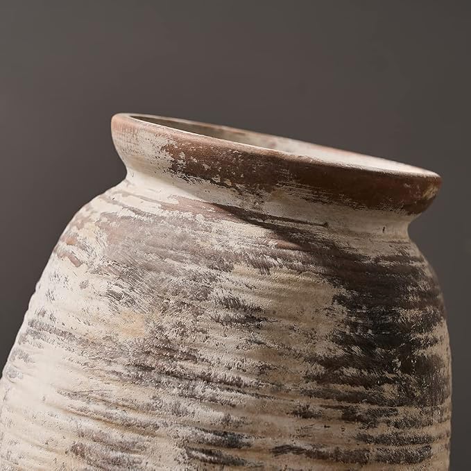 SIDUCAL Ceramic Rustic Vase, Whitewashed Terra Cotta Vase, Distressed Farmhouse Décor, Pottery Decorative Flower for Home Decor, Table, Living Room Decor, Shelf, Mantel, 7.3 Inch, Fired Terra Clay