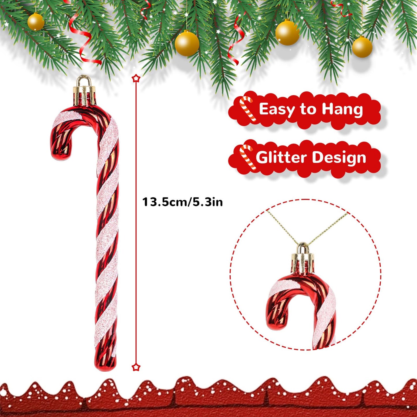 HFATMOS 12 Pcs Christmas Glitter Canes Ornaments Christmas Tree Hanging Decorations Set DIY Crafts for Home Holiday Wedding Indoor Outdoor Party Decorations Red