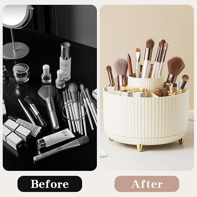 fanado 360° Rotate Makeup Brush Holder Organizer, Makeup Organizers Countertop, Makeup organization and Skincare Storage for Vanity, Desktop, Bathroom (Ivory)