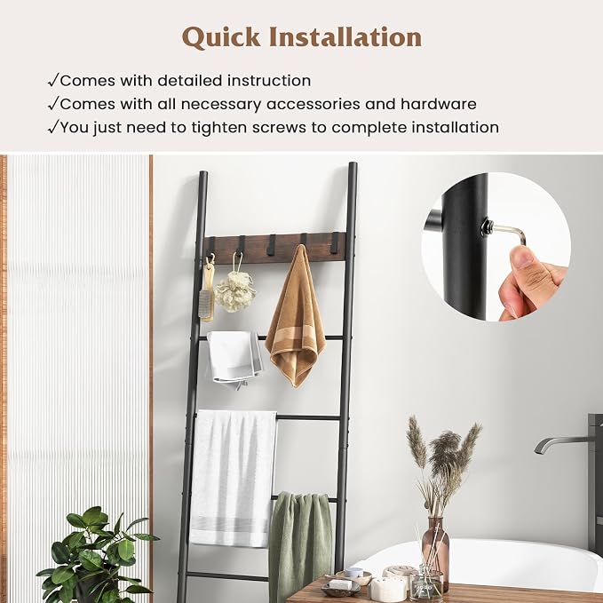 GOFLAME Blanket Ladder, 5-Tier Wall-Leaning Towel Holder Shelf with 5 Removable Hooks, Industrial Quilt Stand with Anti-Slip Foot Pads, Towel Ladder Display Rack for Bathroom, Living Room, Bedroom
