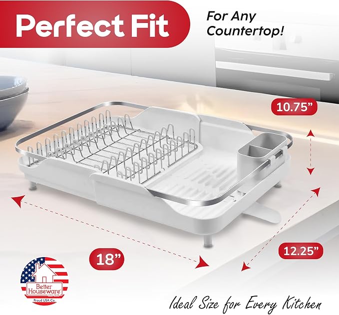 Better Houseware Expandable Dish Drying Rack - Space-Saving Stainless Steel Dish Racks for Kitchen Counter with drainboard and Detachable Cutlery Holder, Large, White