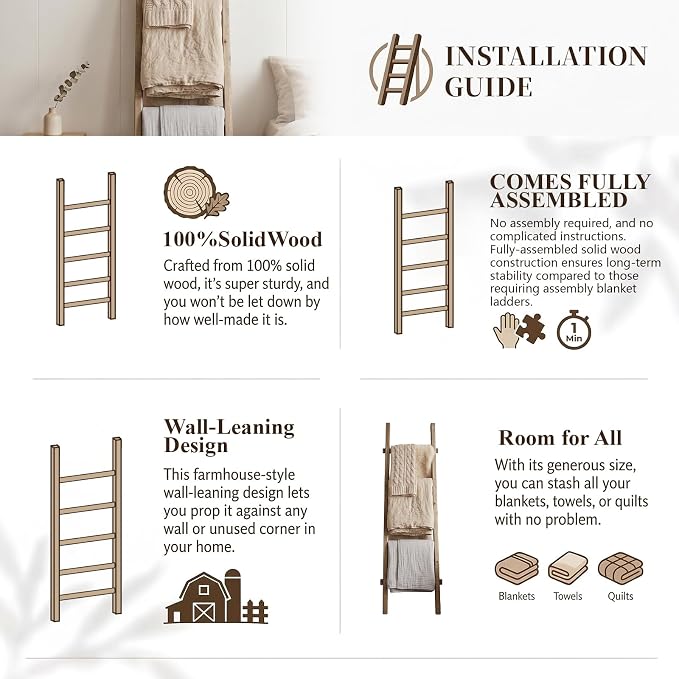 Blanket Ladder Pre Assembled 76in Wooden Ladder Shelf Living Room Bathroom Bedroom Decorative Wall Leaning Farmhouse Quilt Display Holder Rustic Towel Rack (Brown, 57in（5-Tier）)