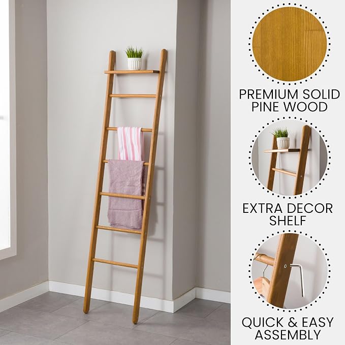 Solid Pine Wood Blanket Ladder for Living Room Bathroom Organizer Shelves, 7-Tier 5-Tier Freestanding Shelf, Freestanding Towel Rack Extra Storage, Wall-Leaning (Oak, Large)