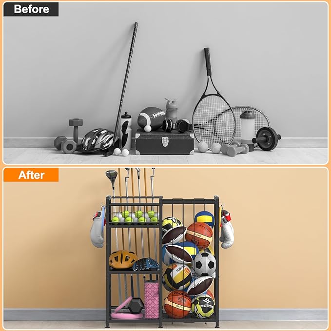 HEOMU Sports Equipment Organizer with Elastic Cords and 4 Hooks, Metal Garage Ball Organizer for Indoor Outdoor, Ball Storage Rack with Basket for Sports Gear and Toys, Black