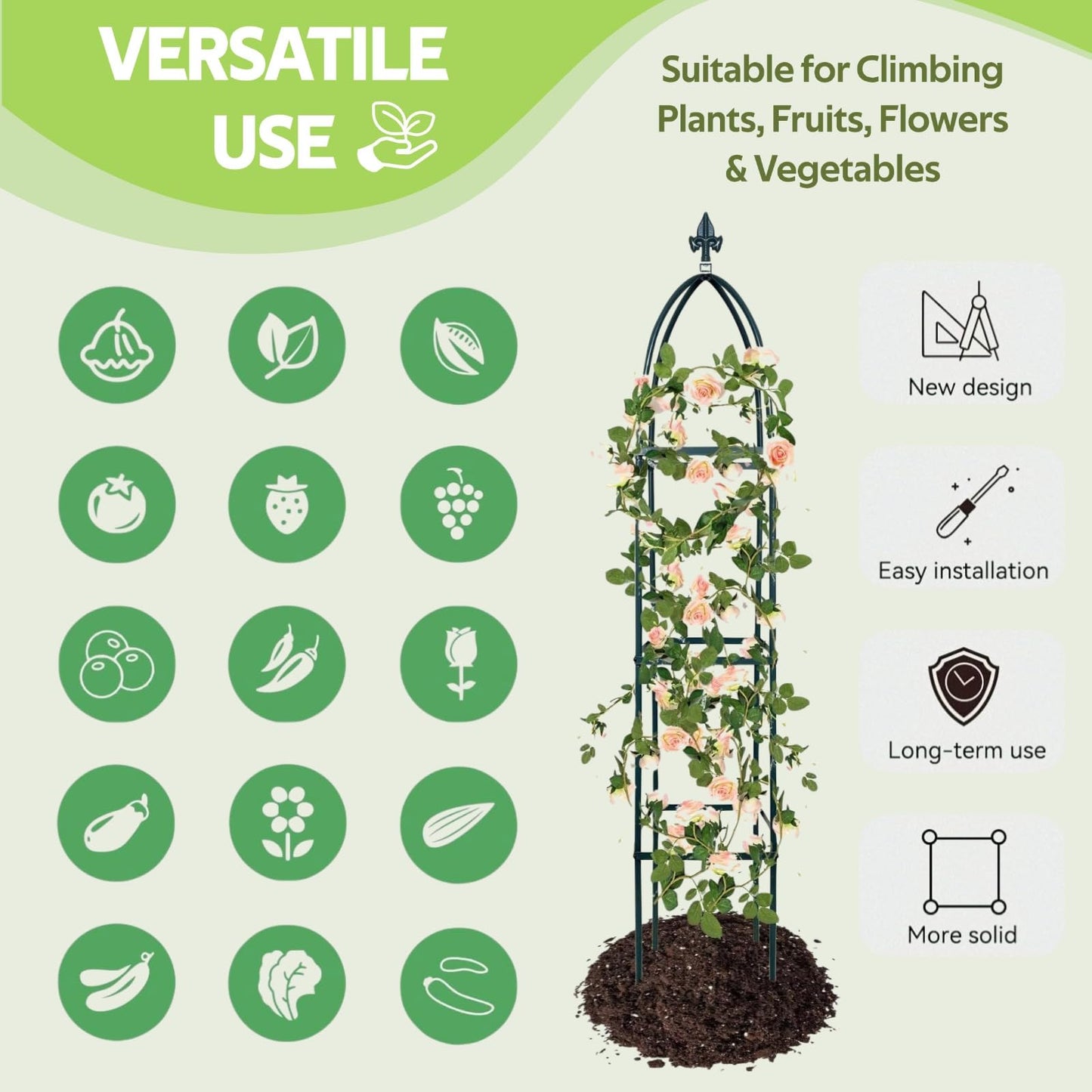 Jesosia 100% Metal Obelisk Trellis for Climbing Plants Outdoor & Indoor - Powder-Coated Thicken Steel Towering Plant Support - Weather-Proof Garden Trellis for Climbing Vine, Vegetables & Flowers