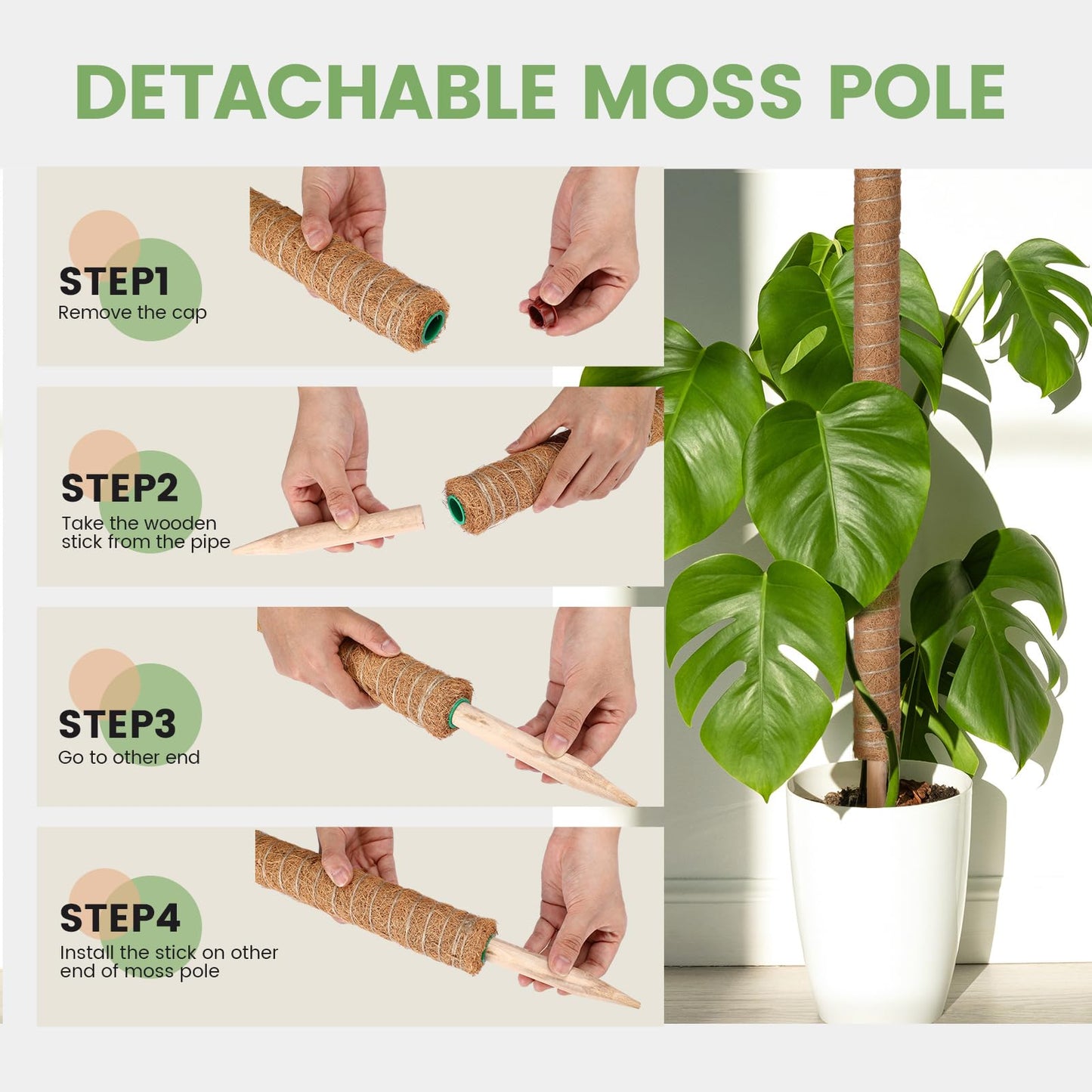 Yinder 50 Pcs Moss Pole for Plants Monstera Plant Support 16.5 Inch Coir Poles Bendable Monstera Plant Support with 10 Pcs 6.56 Feet Jute Rope and 2 Pcs 6.56 ft Garden Tape for Climbing Plants Growth
