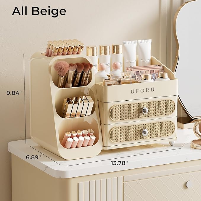UFORU Makeup Organizer for Vanity with Brush Holder, Large Capacity Bathroom Countertop Skincare Organizer with 2 Drawers, Cosmetic Display Case for Perfumes, Eyeshadow Palettes, Nail Polishes