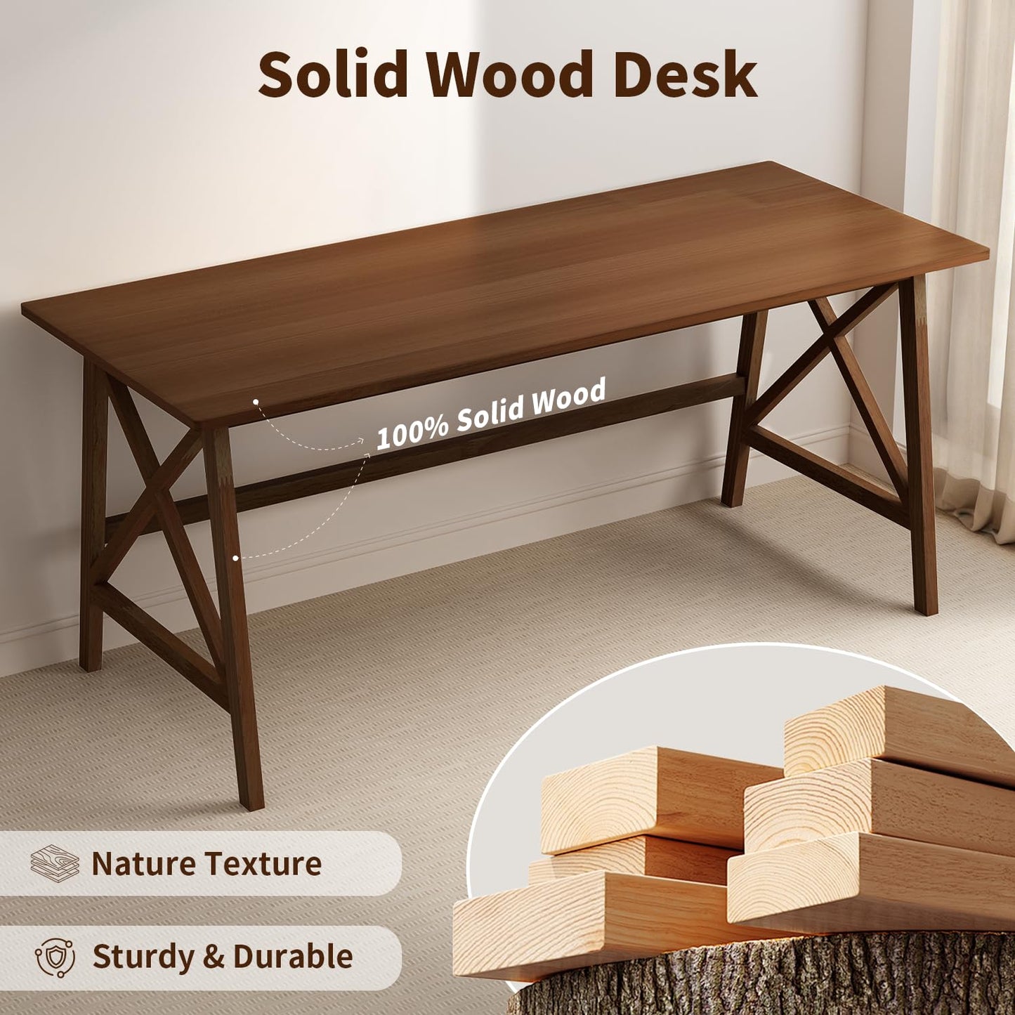 NELYE Modern Solid Wood Desk - 60" Simple Computer Table for Home Office Study Writing Workstation in Walnut, 60" W x 24" D