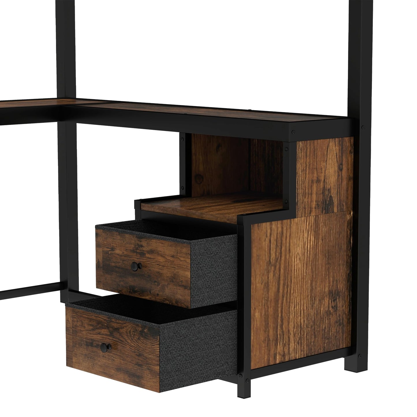 Bellemave Queen Loft Bed with Desk & Storage Fabric Drawers & Shelves, Heavy Duty Metal Frame Loft Bed for Adults & Teens, Space Saving Bed for Apartments & Dorm, No Box Spring Needed, Black