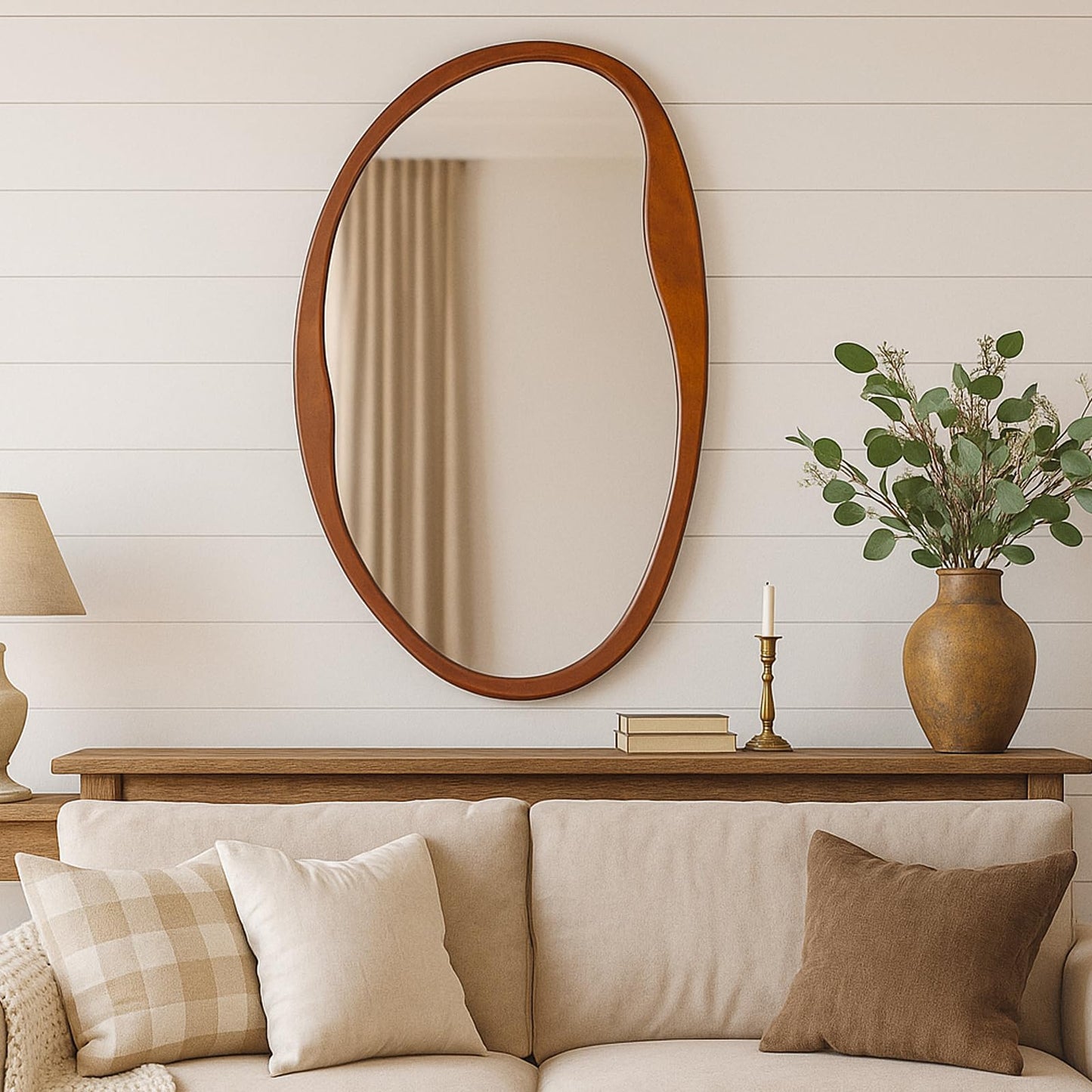 Fitous Asymmetrical Wood Mirror, Irregular Wall Mirror, Walnut Wooded Framed Wave Mirrors for Bathroom, Bedroom, Living Room, Entryway, Farmhouse Mid Century Modern Mirrors(36" H x 20" W)