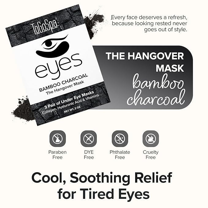 ToGoSpa, Bamboo Charcoal Under Eye Repair Mask, Collagen Under Eye Patches, Enriched With Ale Vera, Hyaluronic Acid, Lightens Skin Tone And Soothes Redness And Puffiness, Pack Of 6