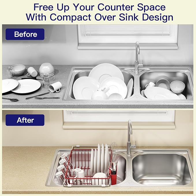 MAJALiS Red Dish Drying Rack Over The Sink with Utensil Holder | Expandable Stainless Steel Dish Drainer for Small Kitchen, Apartment, RV, Counter Space Saving, Perfect Fit, Rustproof