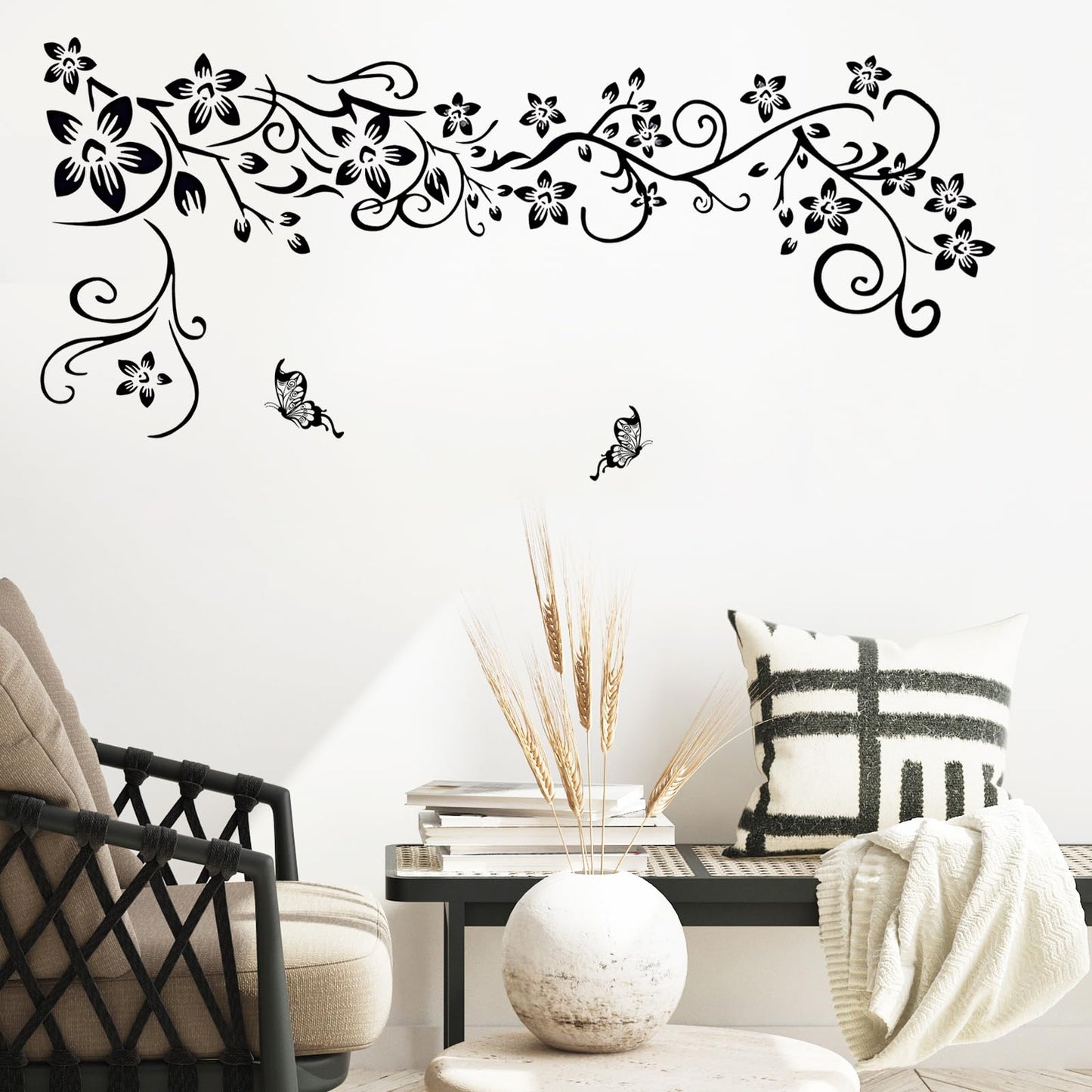 Supzone Flowers Vine Decals Black Flowers Butterfly Wall Decor Removable Vinyl DIY Home Art Stickers for Bedroom Living Room Sofa Backdrop TV Wall Decoration