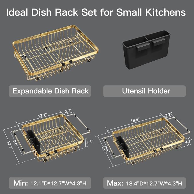 MAJALiS Gold Dish Drying Rack Over The Sink, Expandable Stainless Steel Dish Drainer for Small Kitchen Counter Space Saving, RV Compact Plate Strainer in Metal with Hanging Adjustable Utensil Holder