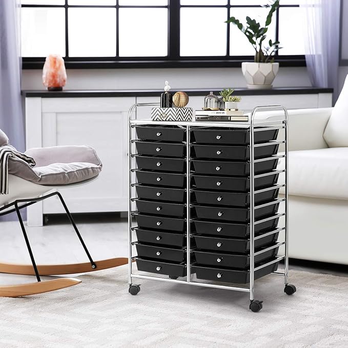 Giantex 20 Drawer Rolling Storage Cart Tools Scrapbook Paper Office School Organizer (25 x 15 x 35 Inch, Black)