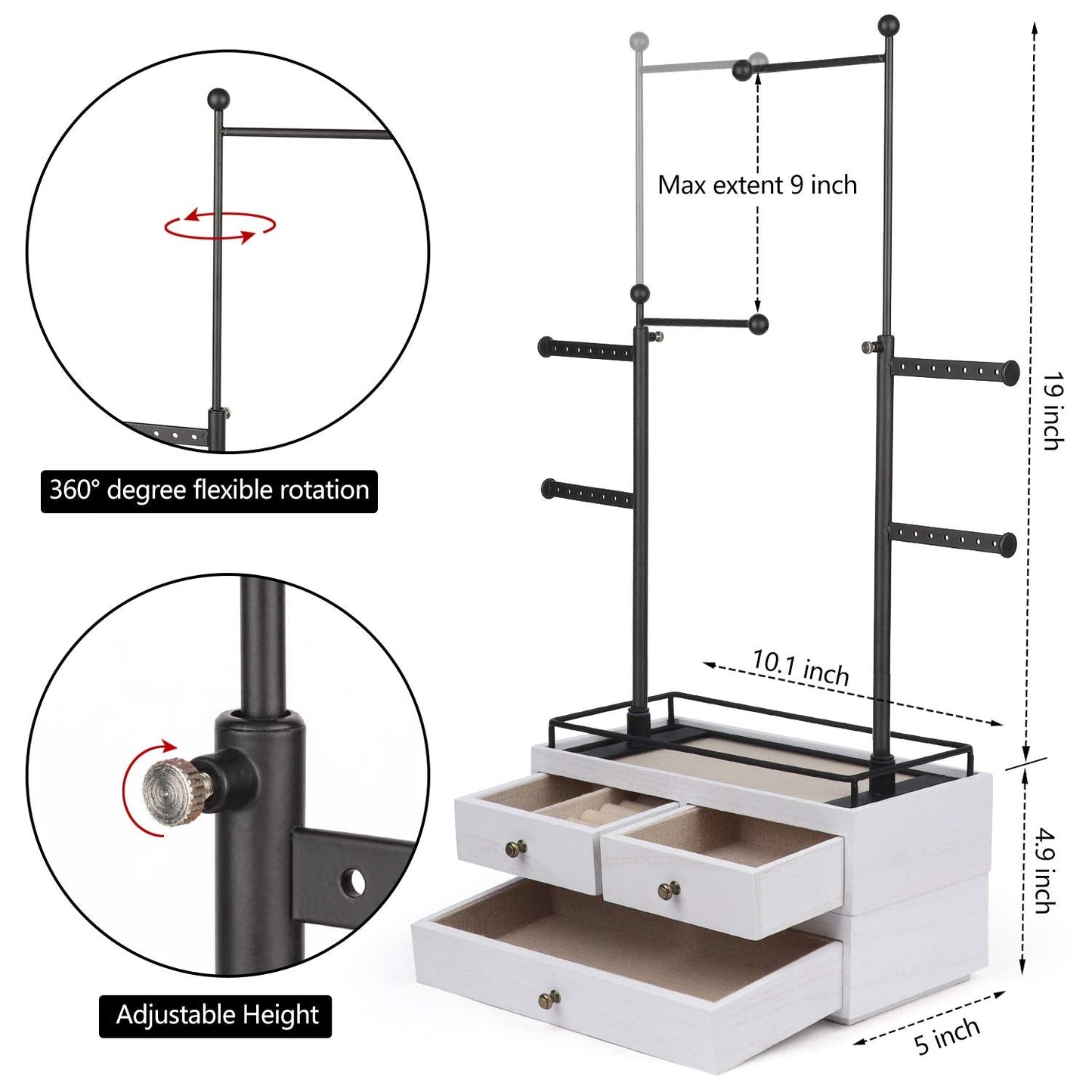 OLAKEE Jewelry Organizer - 2 Layer Wooden Jewelry Drawer Storage Box with 6 Tier Jewelry Tree Stand, Jewelry Display for Necklaces Bracelet Earring Ring (Rustic White)