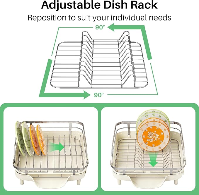 SAYZH Dish Drying Rack - Expandable Dish Rack for Kitchen Counter, Rust-Resistant Dish Drainer with Utensil Holder and Raised Guardrail, Kitchen Organizer for Cup and Bottle (Beige)