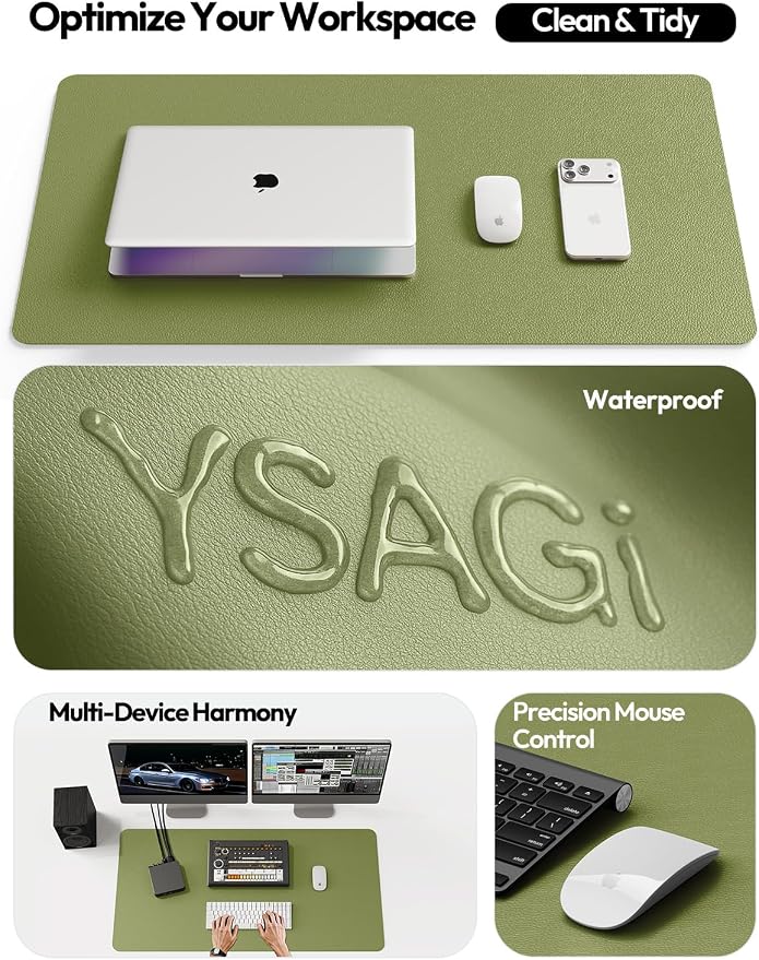 YSAGi Leather Desk Protector, Office Mat, Large Mouse Mat, Non-Slip PU Leather Blotter, Laptop Pad, Waterproof Writing Pad for Office and Home (Green, 35.4" x 17")