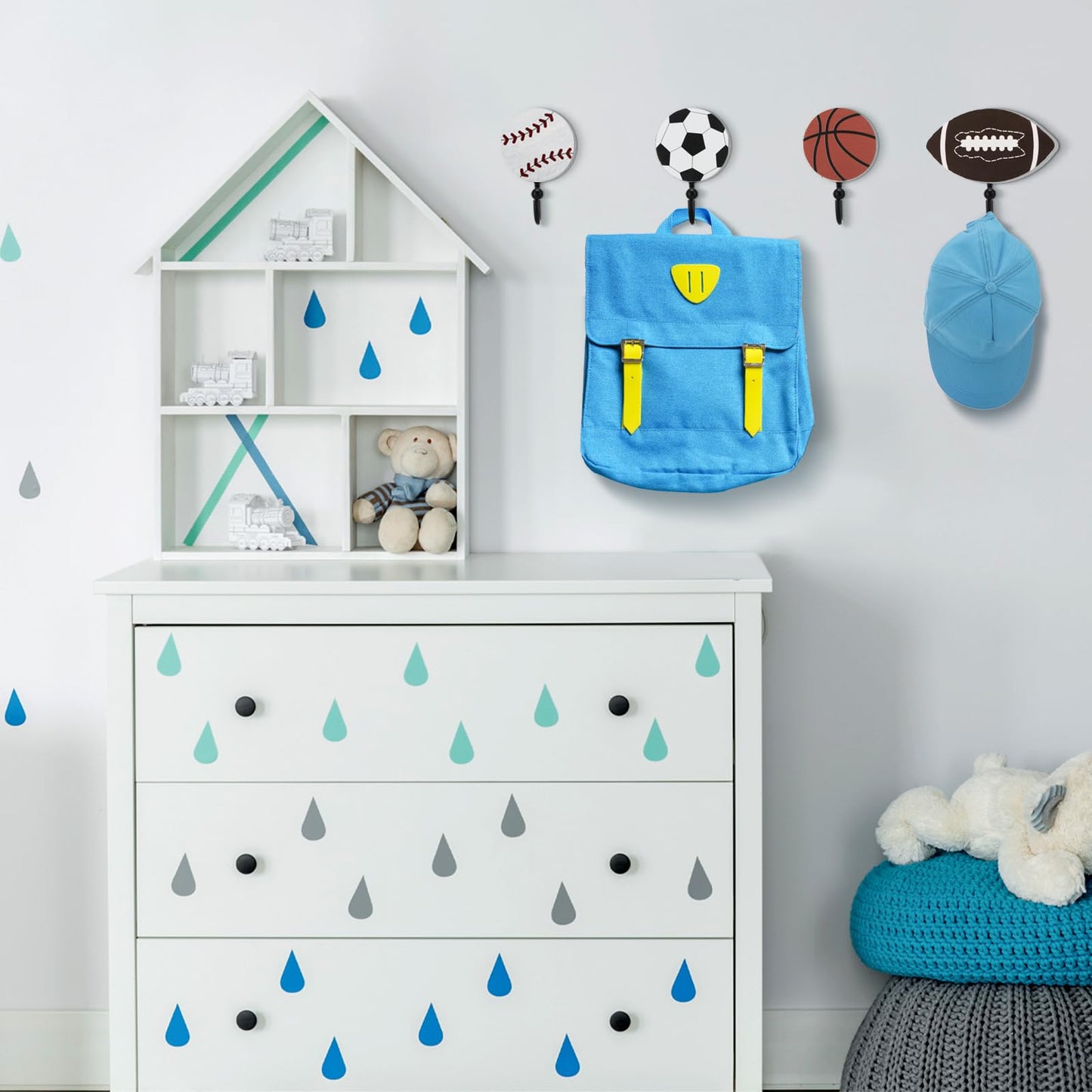 Marsui 4 Pcs Sports Hooks for Wall, Baseball Football Soccer Basketball Sports Room Decor, Wood Towel Coat Hook with 8 Screws, Wall Mounted Decor for Bathroom Nursery Bedroom(Flat Single Hook,2 Inch)