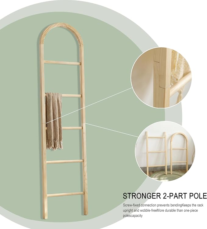 Wooden Blanket Ladder - Natural & Motley Wood - Leaning Wall Decor for Bedroom, Bathroom, Living Room - Rustic Quilt Holder & Towel Rack (Light Wood Color-Curved, 76in（5-Tier）)