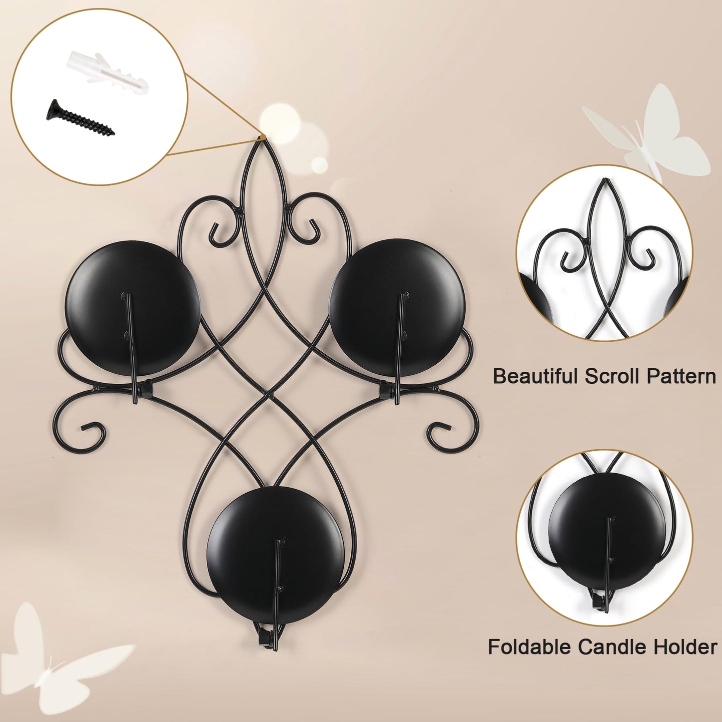 AHUONEL Wall Candle Sconce Holder Set of 2, Metal Wall Sconces Decor Hanging Wall Mounted Candle Stick Holder, Black Candlestick Holders Wall Decor for Bedroom Living Room Dining Room, 14.4"×11.8"