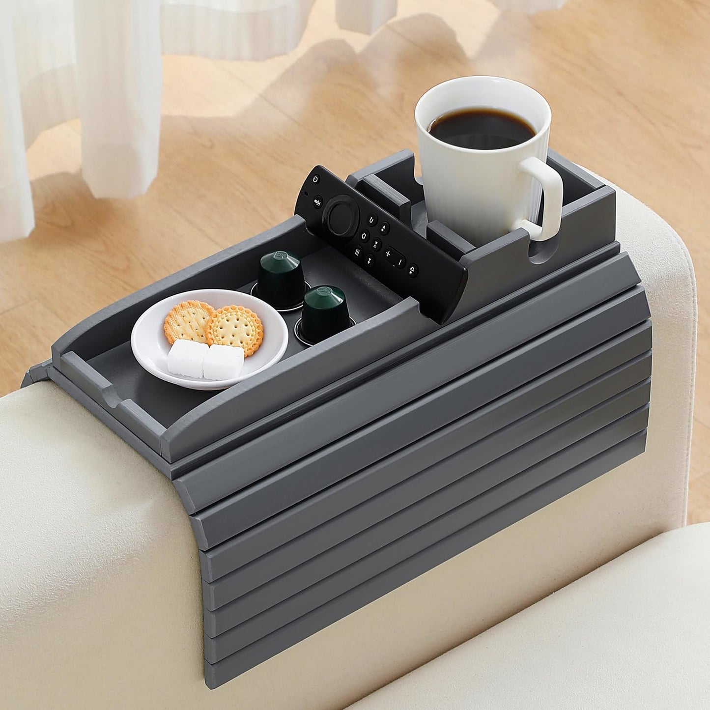 HNLISA Bamboo Couch Cup Holder Arm Tray，Foldable Couch Drink Holder Armrest Table，Sofa Arm Rest Tray，Flexible Arm Chair Table Recliners for Drink,Cups, Snacks, Phone, Remote (Grey)