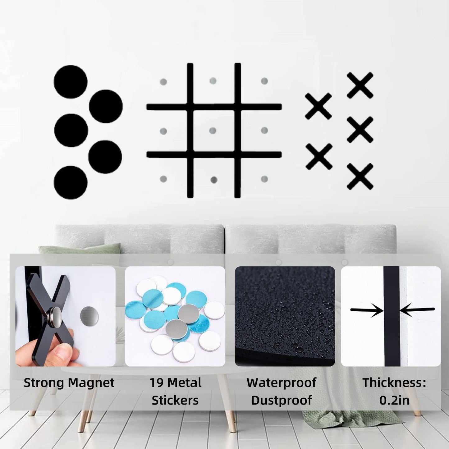 Magnetic Tic Tac Toe Wall-Mount Game,Game Room Decor,Modern Wall Decals for Kids Room,Classroom&Offices,Best Gift for Family, Friends (Black)