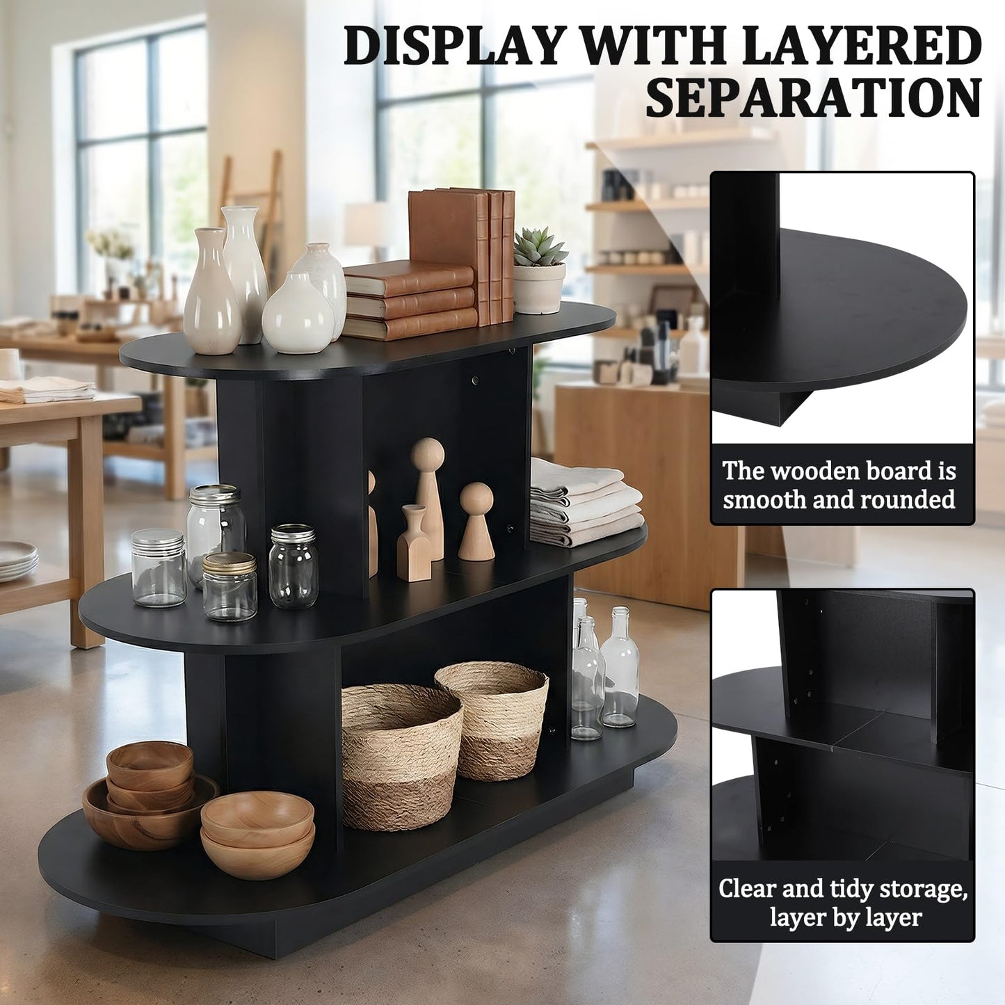 ASIEIT 3 Tier Wooden Oval Display Table Modern Standing Display Riser Shelf Retail Table for Stores Vendor Events 55in W x 23.6in D x 35in H (Black)
