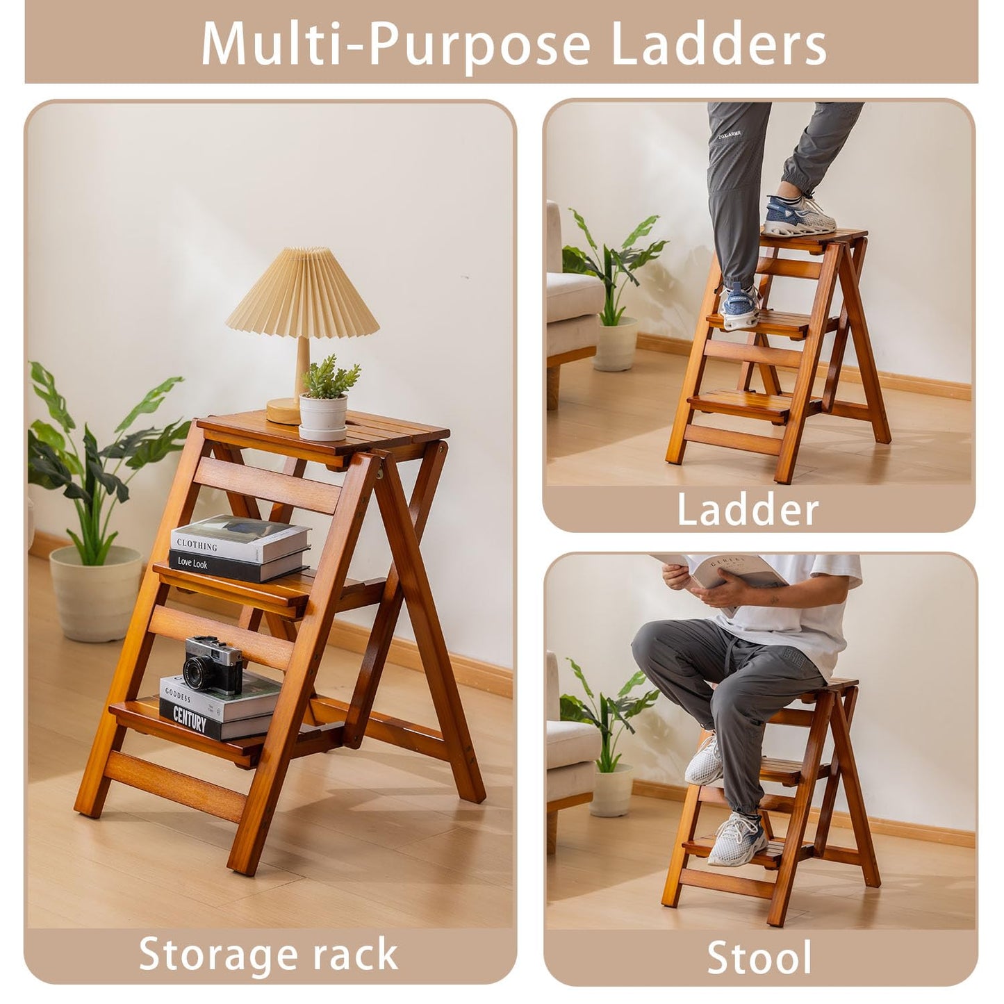 SOBIBO Wooden Step Stool, Foldable 3 Step Ladder, Solid Wood Ladder Stool for for Home, Kitchen & Garden Walnut