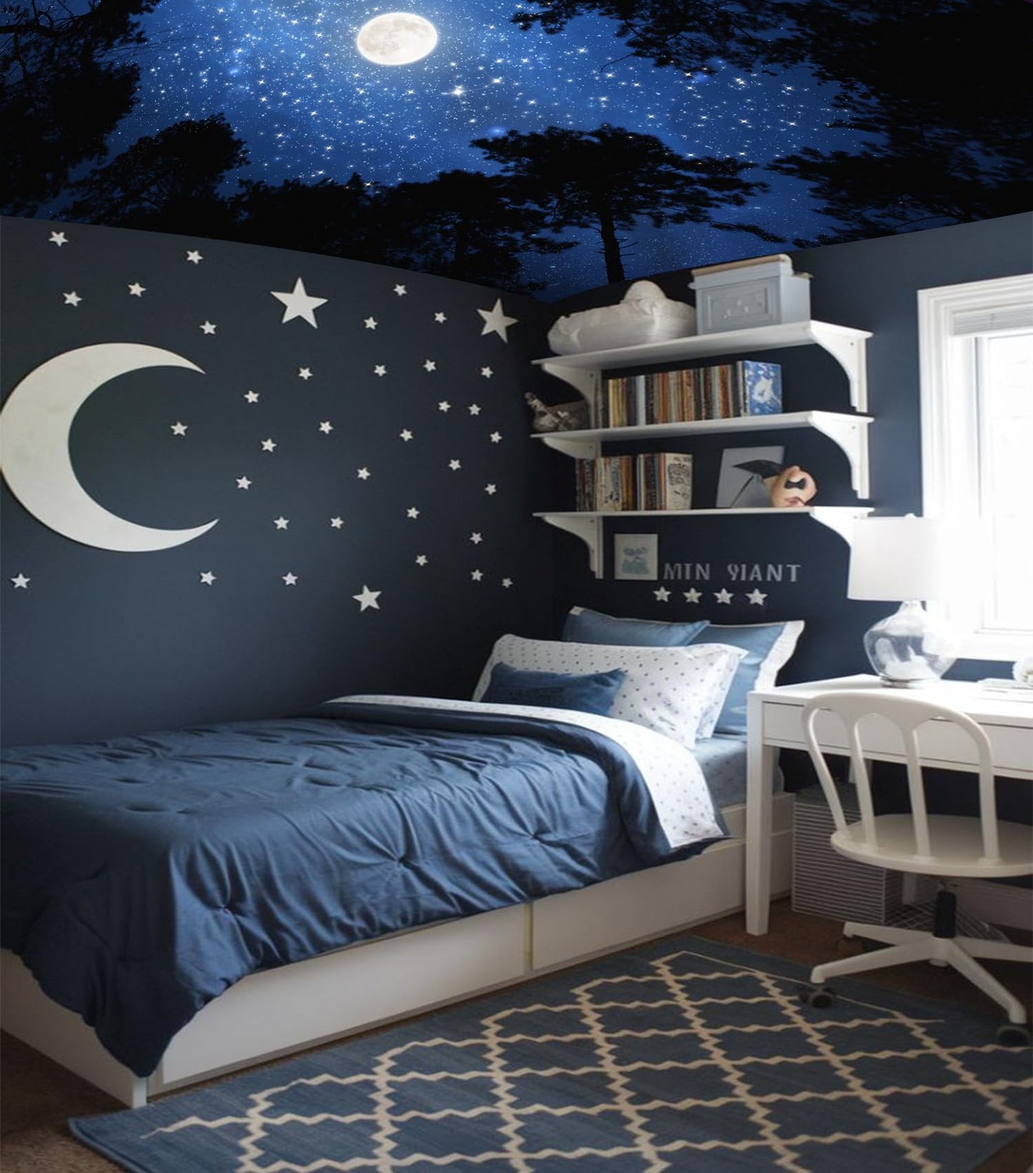 TUGCAY Forest Galaxy Starry Tapestry Blue Space Night Sky Stars Moon Ceiling Tapestry Nature Trees Tapestries Aesthetic Wall Hanging for Bedroom Dorm Living Room Office Decor 60x50 Inch