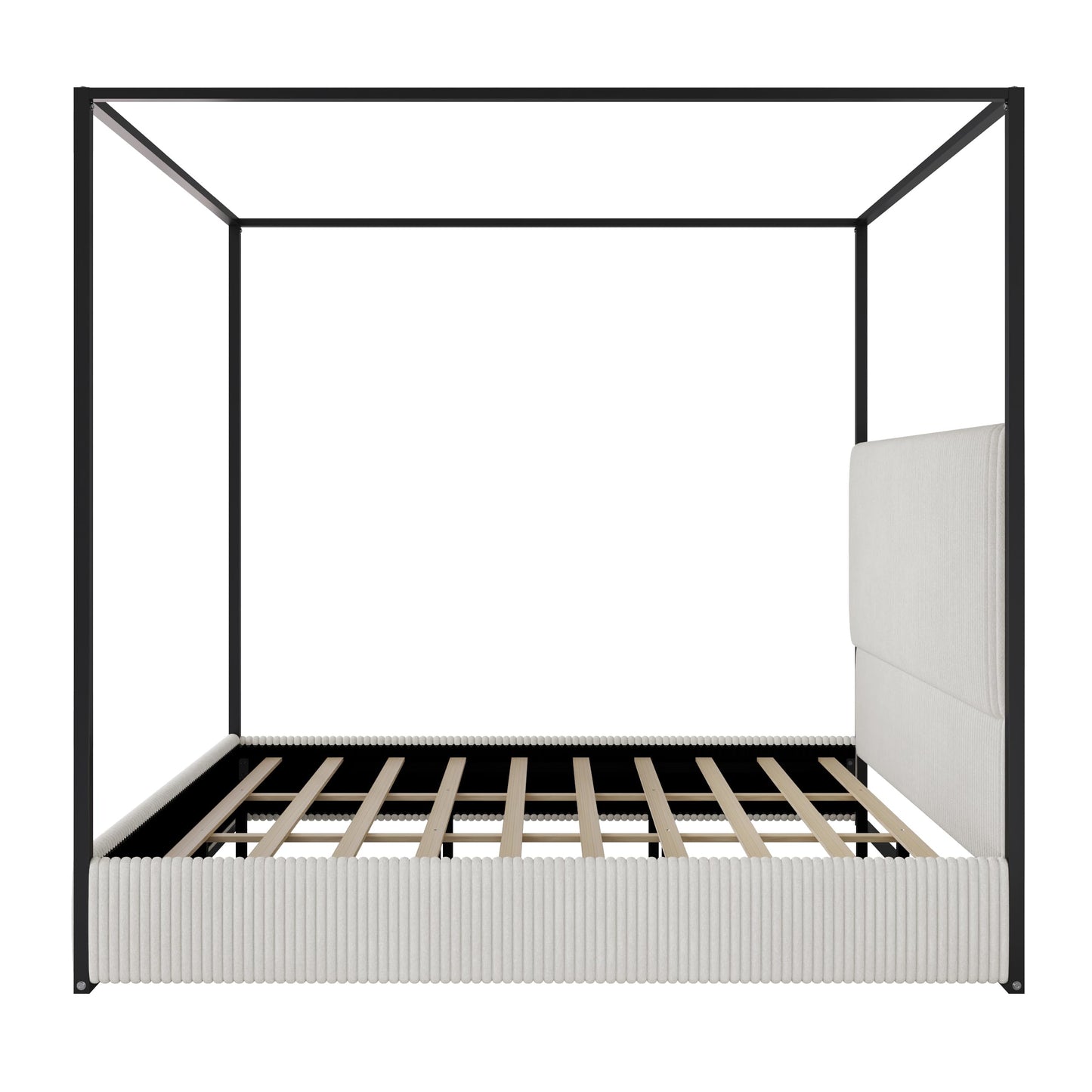 Merax Modern Luxury King Metal Canopy Bed with Tall Upholstered Headboard, Gold Four Poster Bed, No Box Spring Needed, White