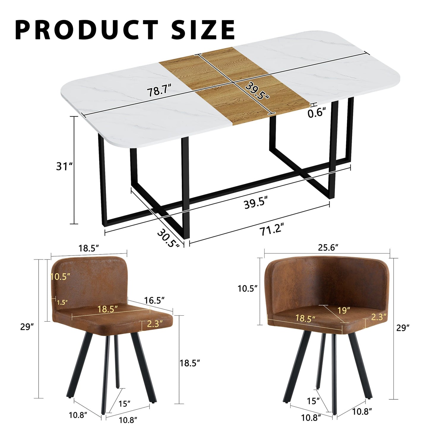 KEIKI 79" Dining Table Set for 8, Rectangular Kitchen Table Set with White Faux Marble & Wood Grain Top, Modern Dining Room Set with 8 Brown Suede Chairs, Large Family Dining Table Furniture