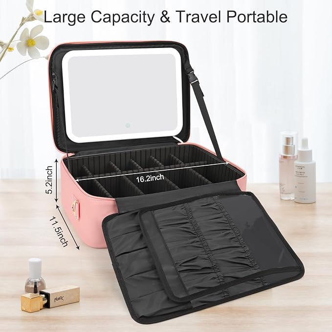 Chomeiu Makeup Bag with LED Mirror, Large Train Case for Makeup Artists, 16.2 inches Travel Professional Cosmetic Organizer with Light Up Mirror, 3 Color Lights, Brush Holder & Shoulder Strap (Pink)