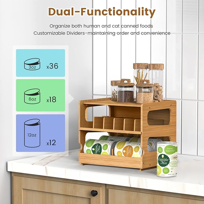 Teamkio Stackable Bamboo Cat Food Organizer, 2-Tier Adjustable FIFO Can Dispenser Space-Saving Storage, Holds Up to 36 Cans - Ideal for Pantry, Cabinet, Countertop