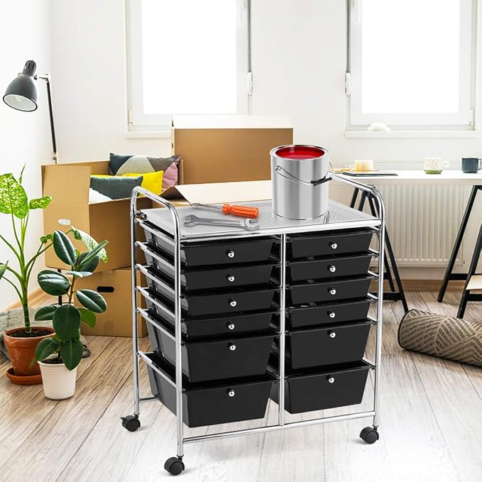 LDAILY 12 Drawer Rolling Storage Cart, Craft Cart Organizer on Wheels w/Metal Frame, Large Capacity & Smooth Drawer, Rolling Cart w/Drawers for Classroom, Office