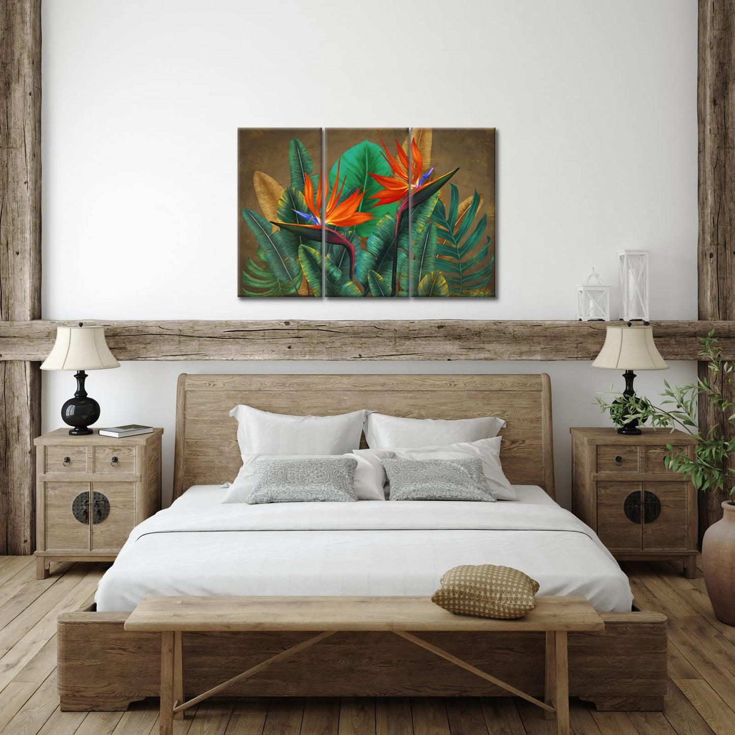 FuShvre 3 Pieces Tropical Flower Canvas Wall Art Bird of Paradise Pictures Paintings Hawaii Themed Green Palm Leaf Home Decor Framed
