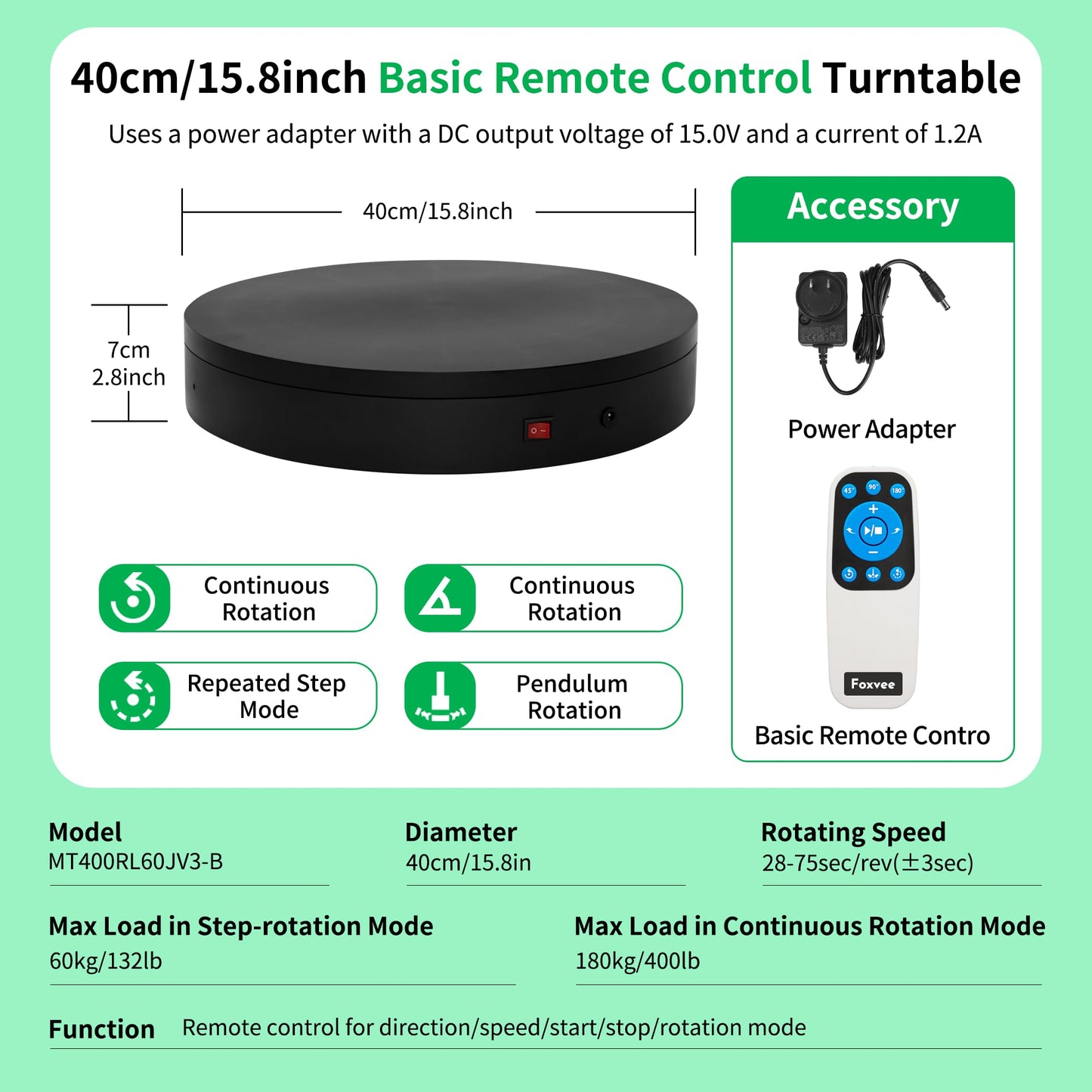 Foxvee Remote-Controlled Motorized Turntable,Electric Rotating Display Stand,Speed-Adjustable Rotating Platform,Multi-Mode 360° Photography Turntable for 3D Scan,Photography,Showcase(15.8inch/Black)