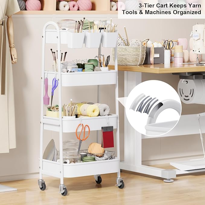 White 4 Tier Rolling Cart Metal with Wheels, Heavy Duty Utility Storage Organizer Carts on Wheels, Four Tiered Roller Cart for Kitchen, Book, Snack, Craft, Art, Dorm, Large Capacity Basket, 38in Tall