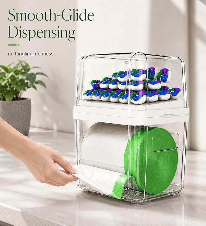 Trash Bag Dispenser & Dishwasher Pods Organizer, Clear Acrylic Garbage Bag Holder Under Sink Organizer With Removable Lid, Laundry Pods Container for Kitchen Pantry Laundry Room (3IN1 Dispenser)
