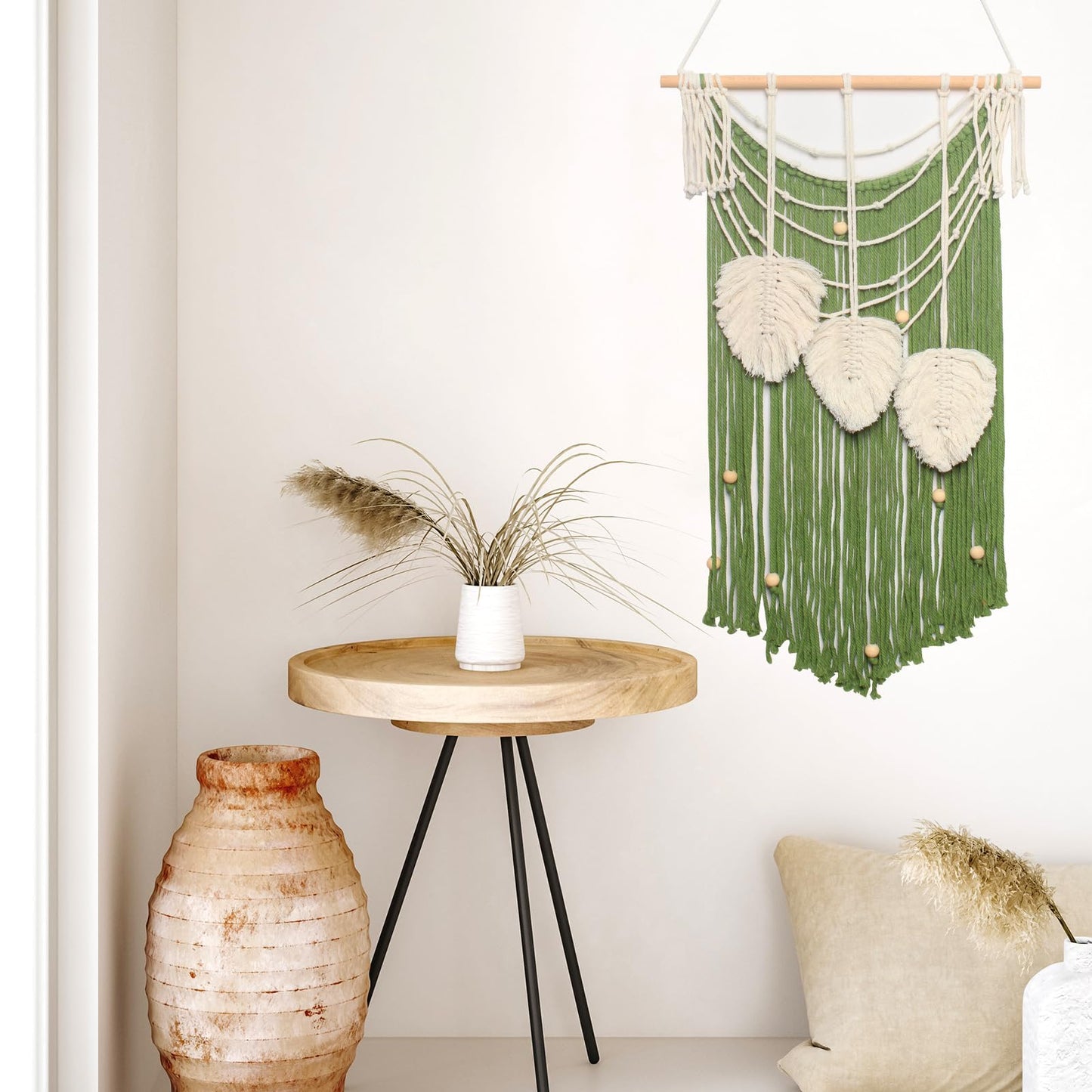 JONKASIPA Macrame Wall Hanging Bohemian Handmade Leaf Feather Wall Art Decorations, Green fringe Chic Home Decor for Apartment Dorm Living Room Bedroom