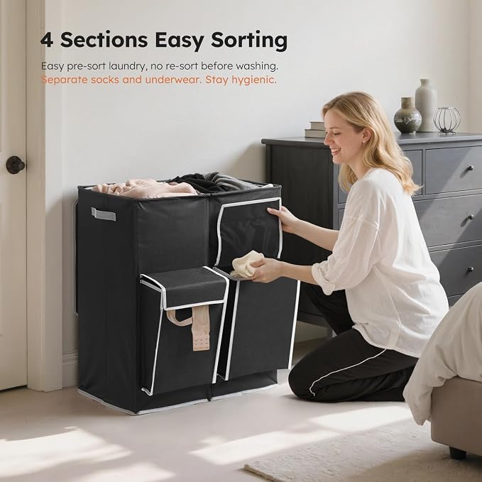 SOLEDI Double Laundry Hamper with Lid, 47.8 Gal (180L) Large Laundr Basket 2 Section with 2 Side Pockets, Dirty Clothes Hamper with Removable Bag, Easy to Carry for Laundry Room, Bedroom, Black