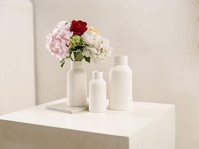 Bohemian White Ceramic Vase - for Pampas Grass, Mantel, Bookshelf, Entryway and Living Room Decor (White, Set of 3)
