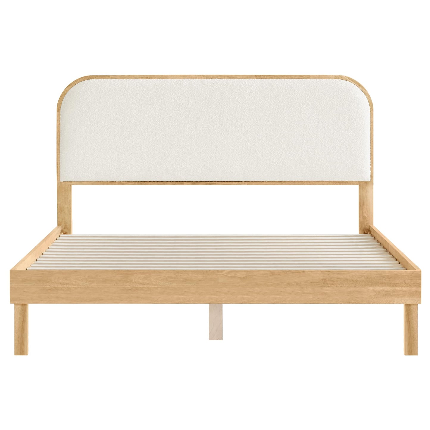 KISLOT Wood Bed Frame with Upholstered Headboard, Mid-Century Boucle Fabric Platform Modern Bed Mattress Foundation Noise-Free No Box Spring Needed Easy Assembly
