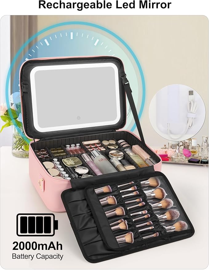 Relavel Large Makeup Case with LED Mirror, Train Cosmetic Case with Separate Brush Board, Professional Makeup Organizer Storage with Detachable Dividers for Makeup Artists, Hairstylist - Pink