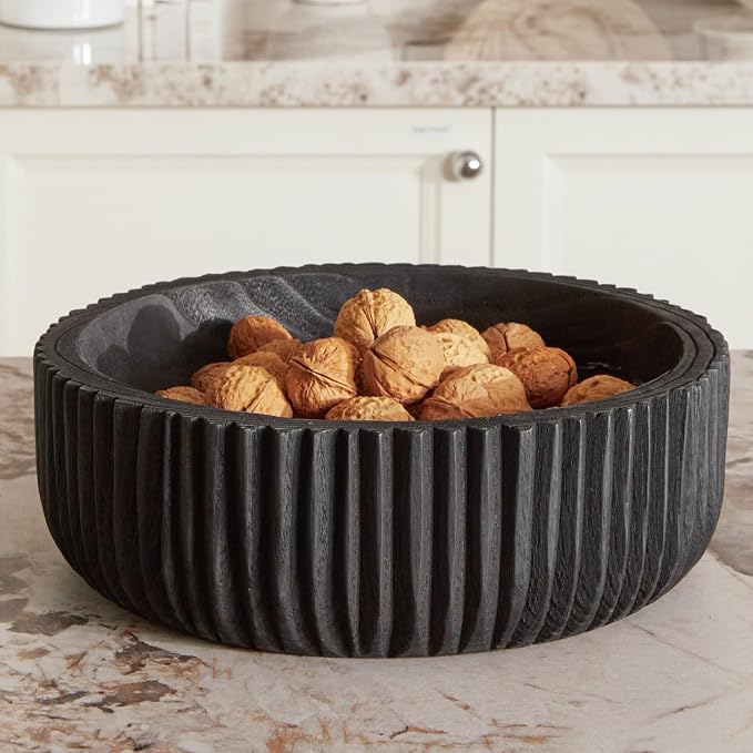 DN DECONATION Wooden Decorative Bowl, 9.84” Black Wood Fruit Bowl for Rustic Home Decor, Key Bowls for Farmhouse Decor Table Centerpiece Entryway Living Room Kitchen