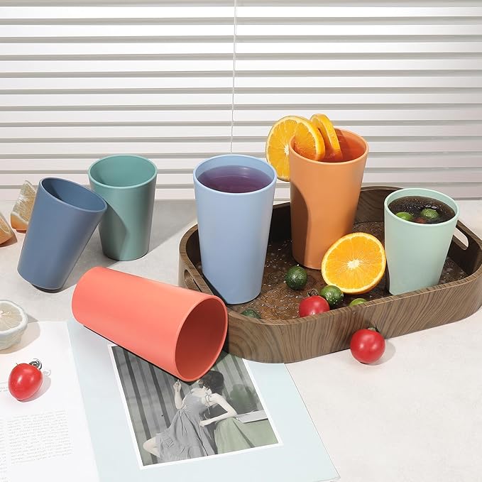 HEYCOME Set of 12 Wheat Straw Cups, 6 Pcs 20 oz & 6 Pcs 12 oz Unbreakable Drinking Cups, Reusable Plastic Cups Sets for Outdoor Camp Kitchen, Microwave & Dishwasher Safe, Bpa Free, 6 Colors